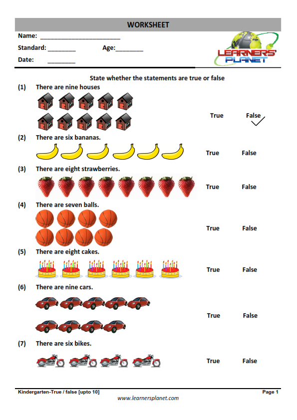 counting worksheets for kindergarten 1-10 pdf-True or False